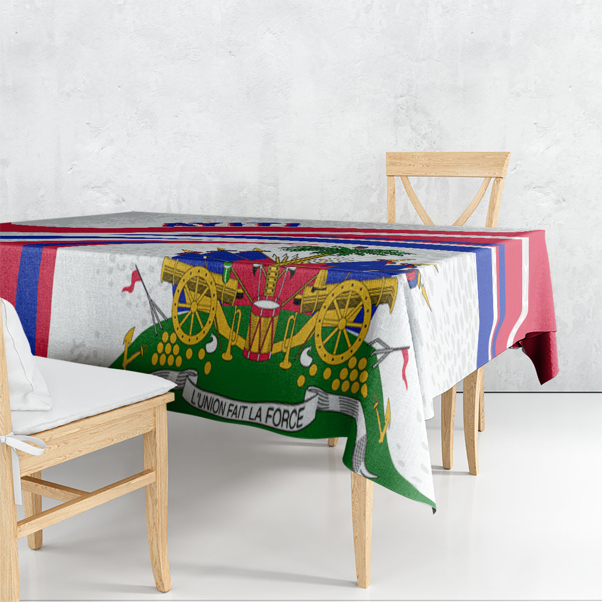 Haiti independence anniversary tablecloth draped on dining table, red blue border with emblem