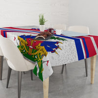Haiti independence anniversary tablecloth on dining table, diagonal red and blue stripe design