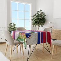 Haiti independence anniversary tablecloth over dining table, red blue and white decorative print