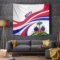 Haitian flag tapestry with red and blue wave stripes and 'AYITI' text