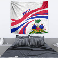 Haitian flag tapestry featuring 'AYITI' and a crest with palm tree