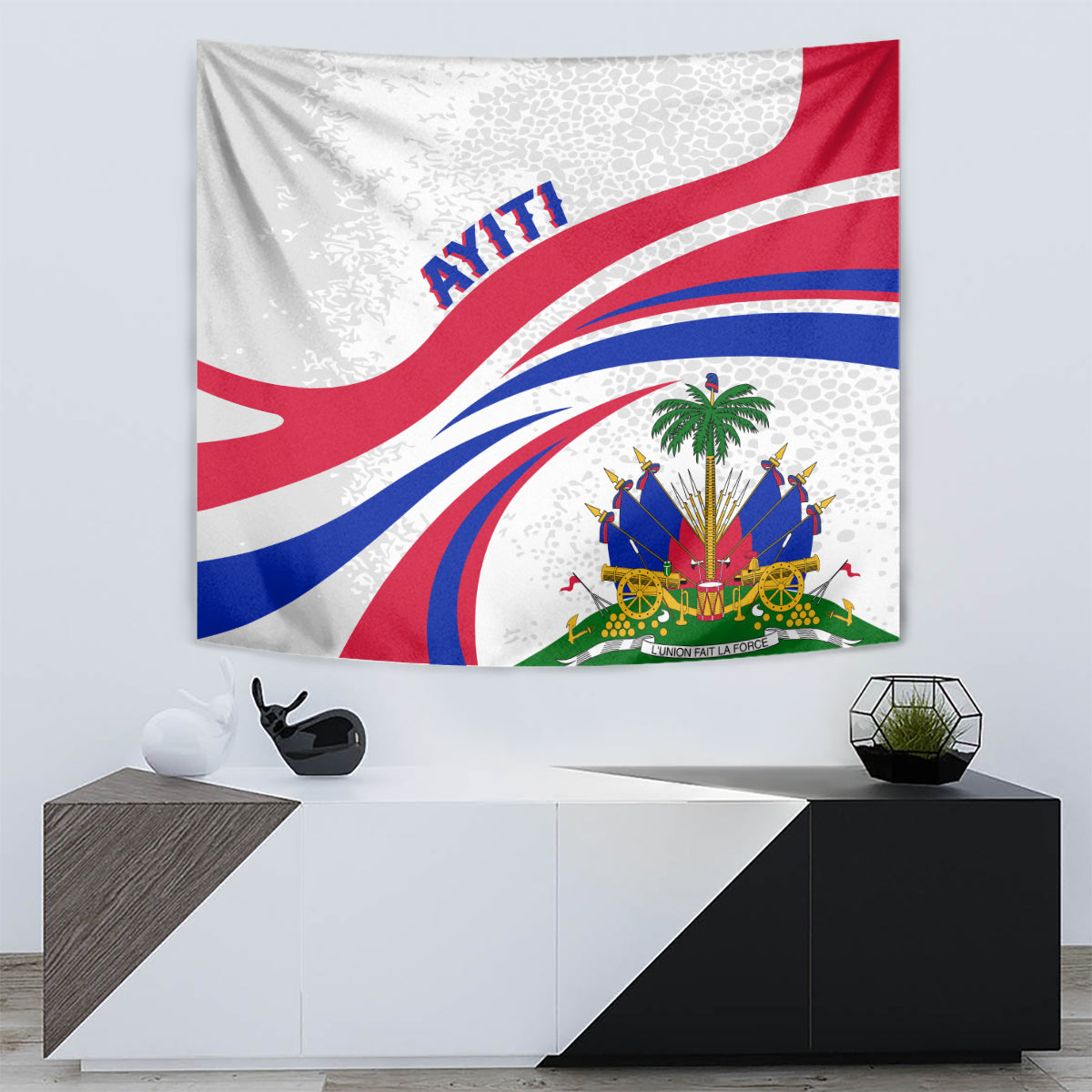 Haitian flag tapestry with sweeping red, white, and blue arcs and 'AYITI'