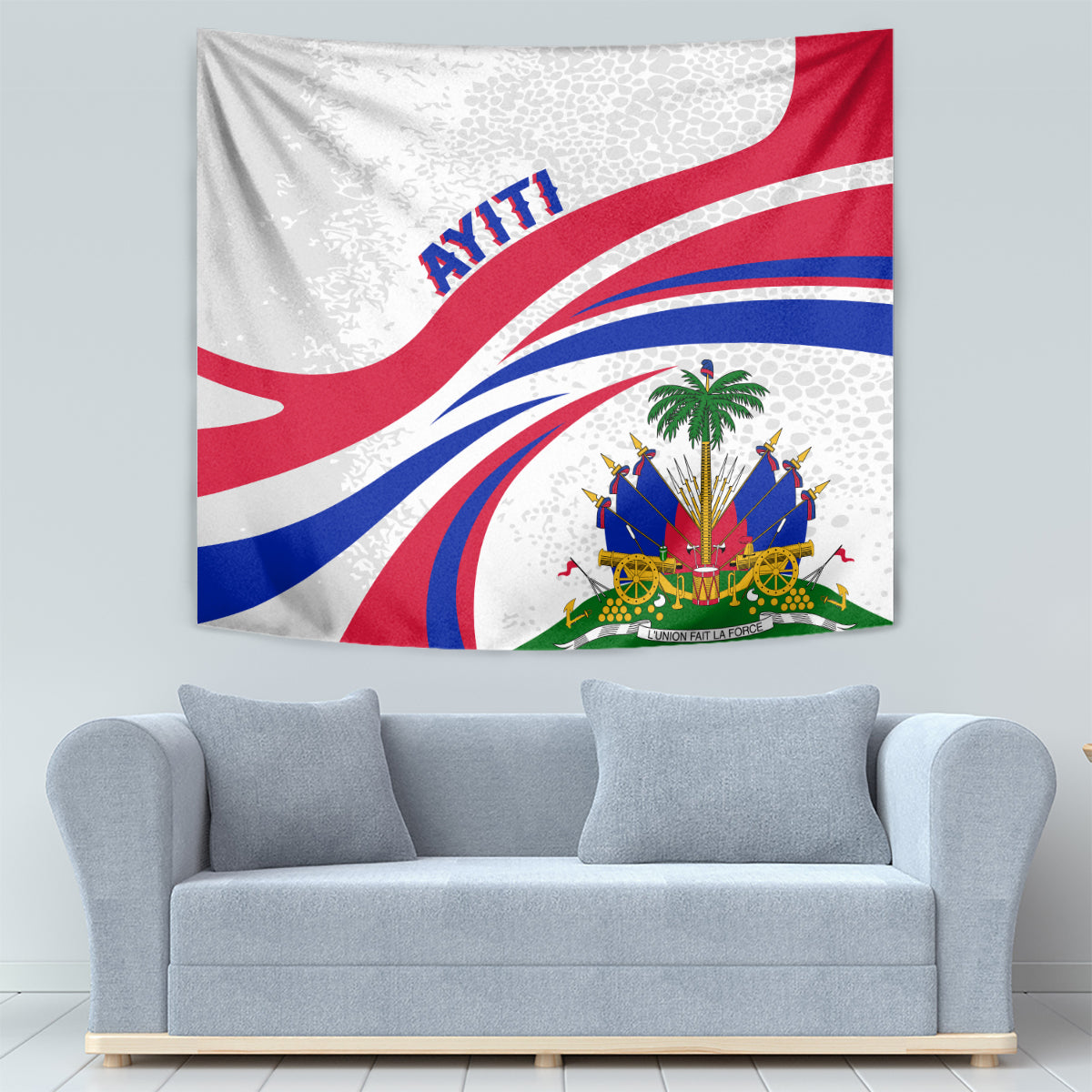 Haitian flag tapestry with 'AYITI' label and crest with palm tree on white