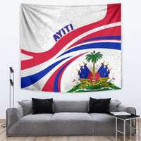 Haitian flag tapestry with red and blue wave arcs and central crest