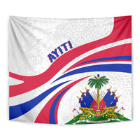 Haitian flag tapestry with 'AYITI' and crest on white fabric