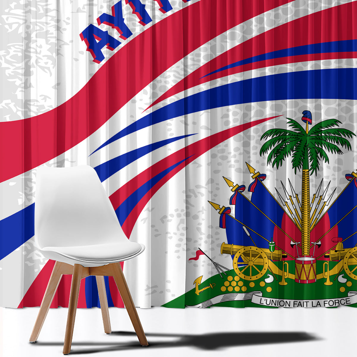 Haiti Independence window curtain with Haiti flag print on white fabric, front view