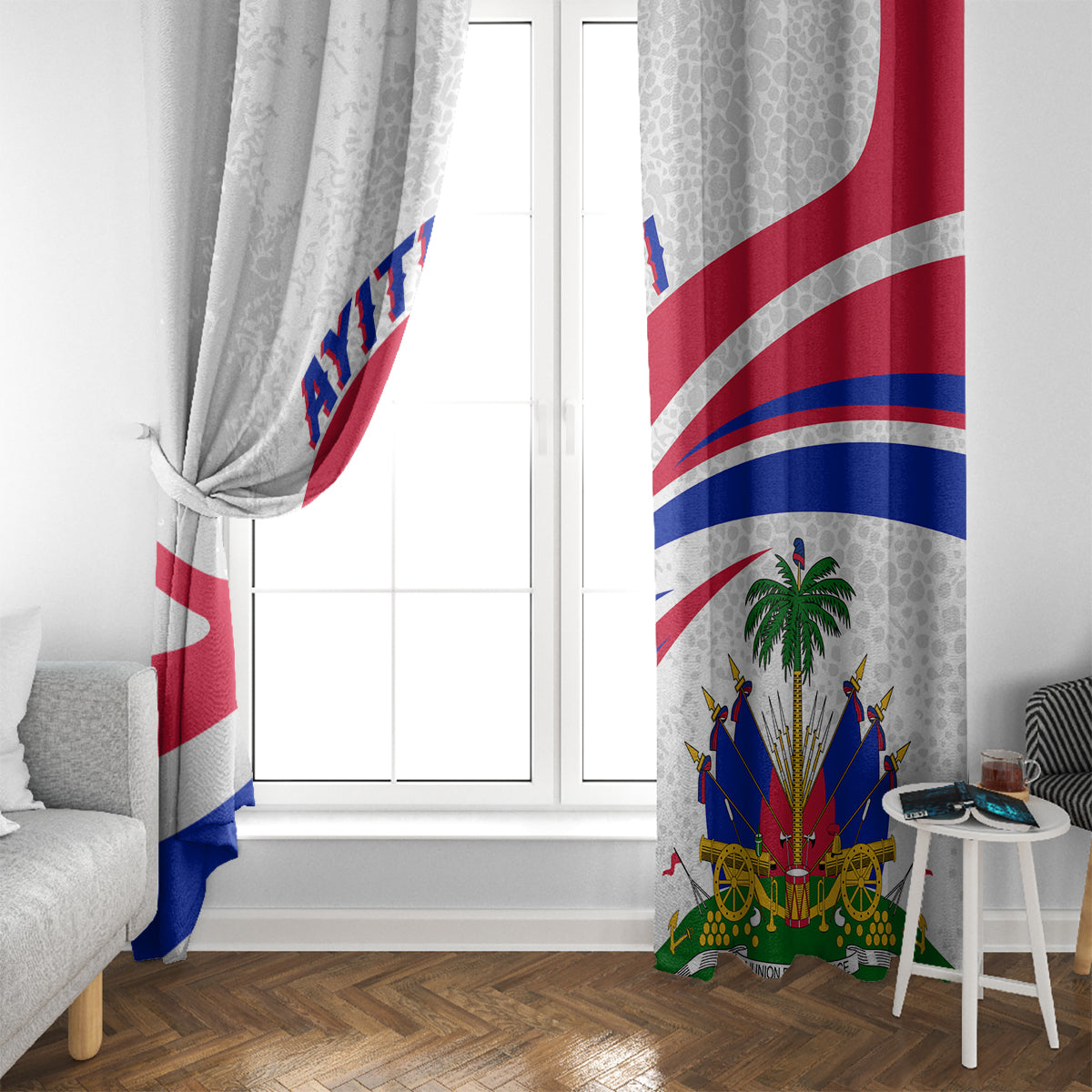 Haiti Independence window curtain panel with Haiti flag print on white fabric, tied and draped