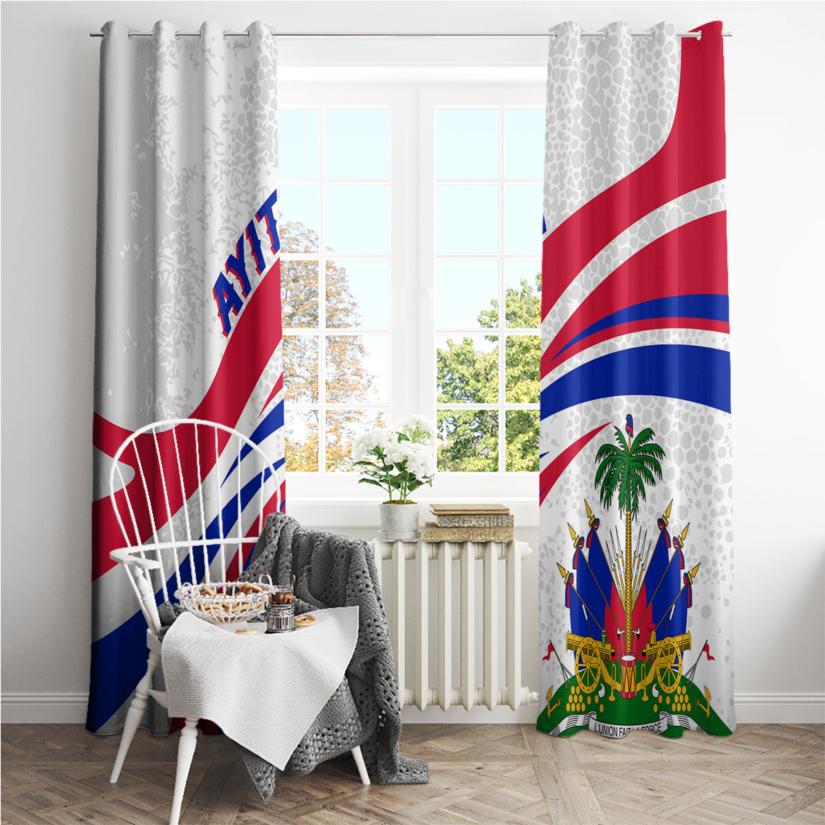 Haiti Independence window curtains with Haiti flag print on white fabric, hanging at window