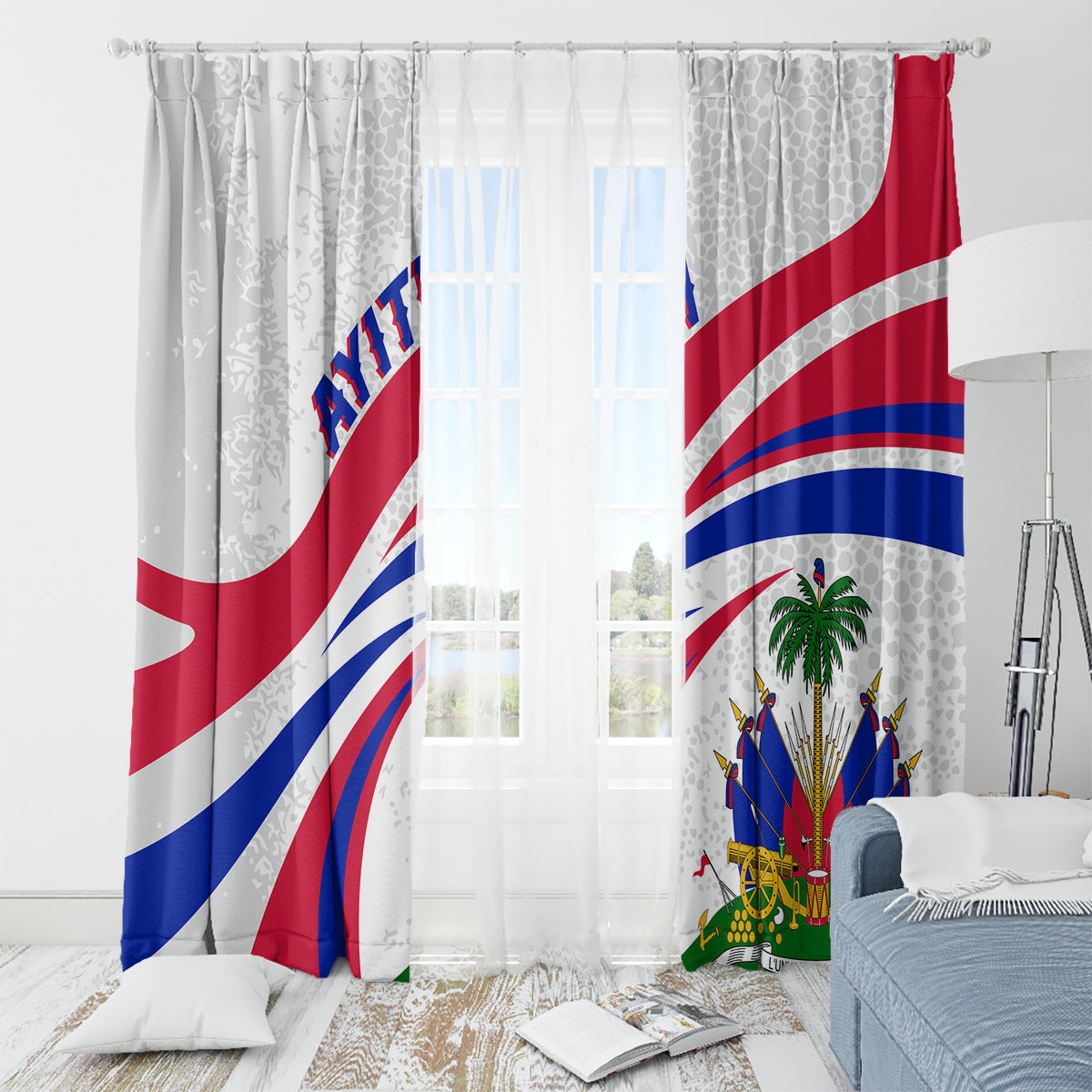 Haiti Independence window curtains with Haiti flag print on white fabric, sheer panels