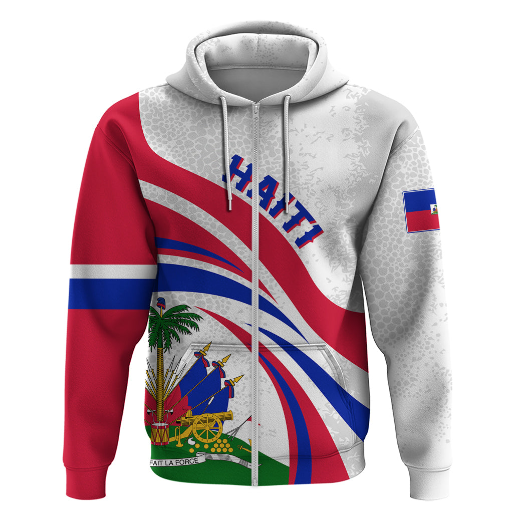 Zip hoodie with Haiti flag graphic, red/white/blue panels, front zipper and hood