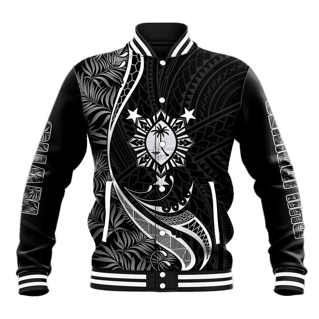 Black baseball jacket with striped rib collar and tropical front graphic