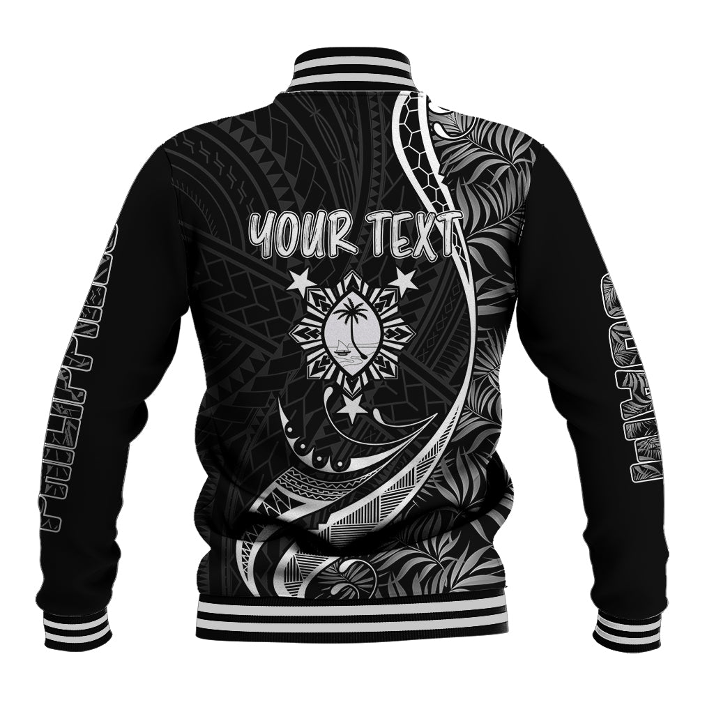 Black baseball jacket with striped cuffs and back 'YOUR TEXT' tropical graphic