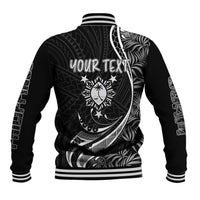 Black baseball jacket with striped cuffs and back 'YOUR TEXT' tropical graphic