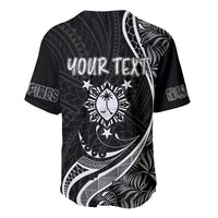 Black baseball jersey back with 'YOUR TEXT' graphic, tropical emblem and stars