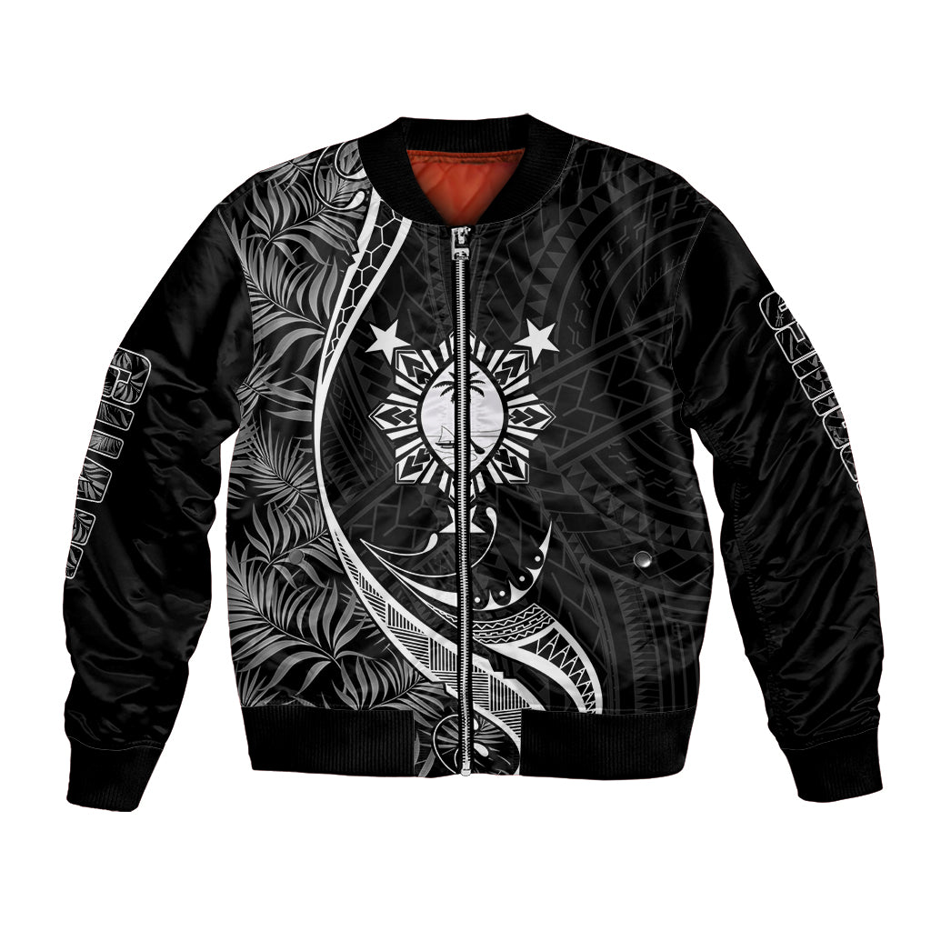 Black bomber jacket with full-zip front, tropical leaf graphic and crescent design