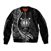 Black bomber jacket with full-zip front, tropical leaf graphic and crescent design