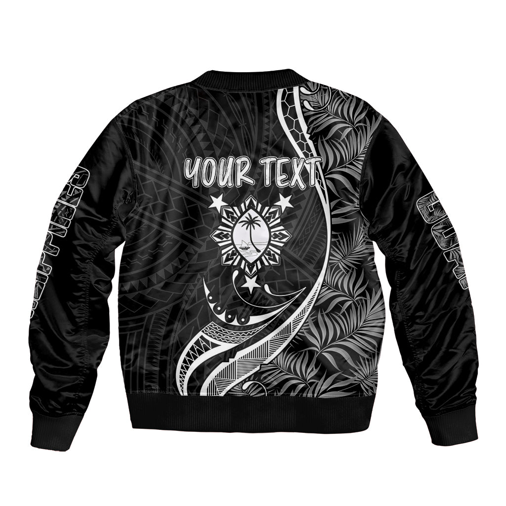Black bomber jacket with zip front, crescent tropical graphic and 'YOUR TEXT' print