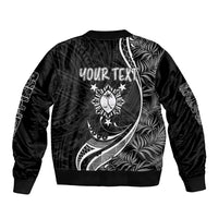 Black bomber jacket with zip front, crescent tropical graphic and 'YOUR TEXT' print