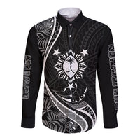 Black long-sleeve button shirt with front tropical graphic print and pointed collar