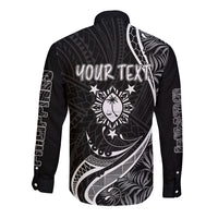 Black long-sleeve button shirt, back tropical print with 'YOUR TEXT' near neckline