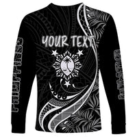 Black unisex long-sleeve shirt with 'YOUR TEXT' print and white tropical crest graphic.