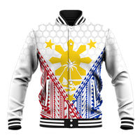 White baseball jacket with ribbed collar, striped cuffs, and colorful flag graphic front