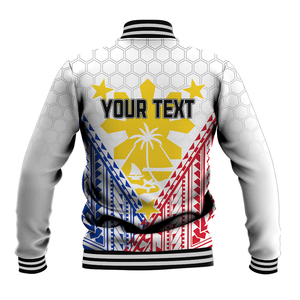 White baseball jacket with ribbed collar and “YOUR TEXT” on colorful flag graphic back