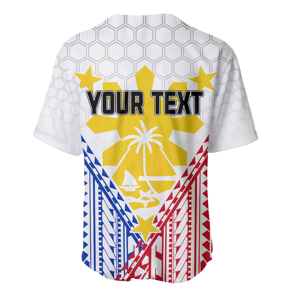 White baseball jersey with Filipino flag graphic and custom 'YOUR TEXT' on chest