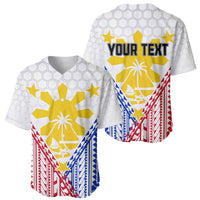 Two white baseball jerseys with Filipino flag print and 'YOUR TEXT' on upper back