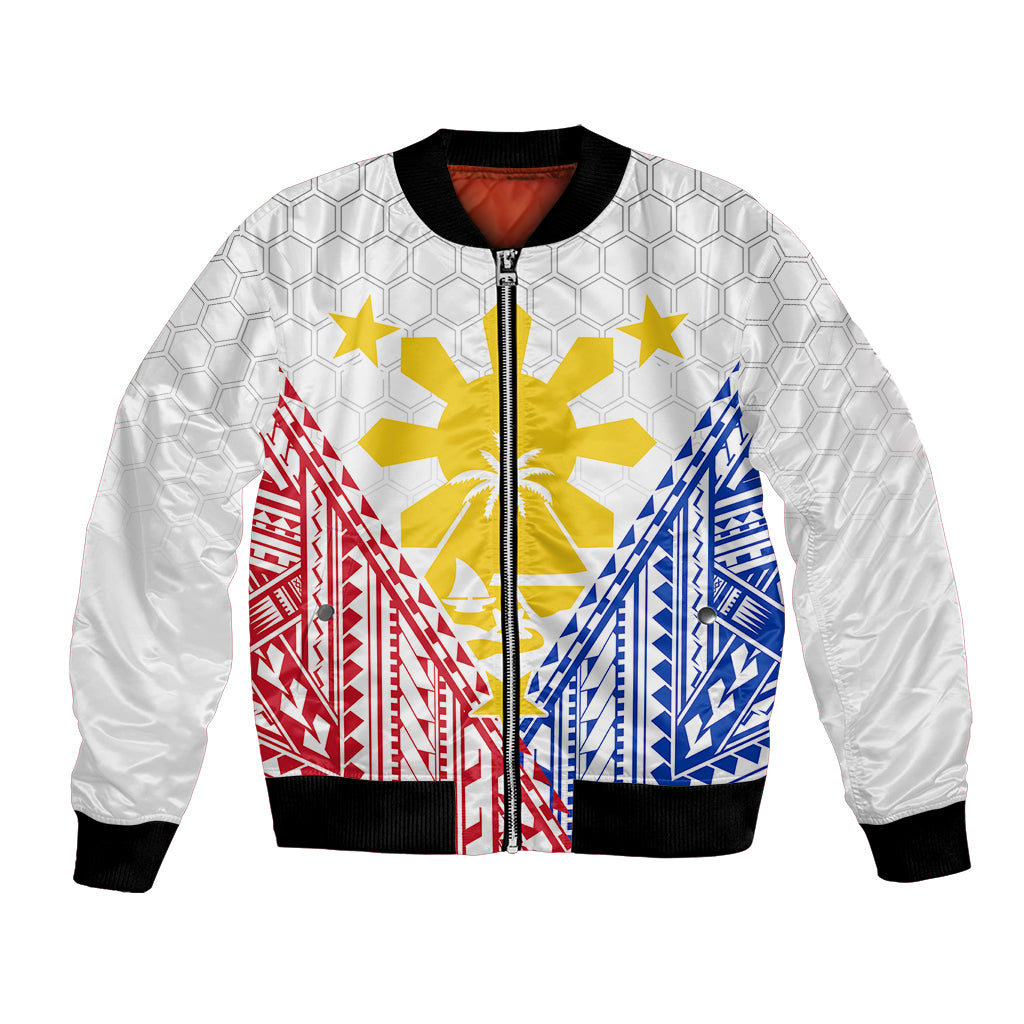 White bomber jacket with front zip, ribbed cuffs, Philippines and Guam flag graphic