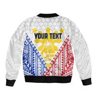 White bomber jacket back with 'YOUR TEXT' and Philippines/Guam flag graphic