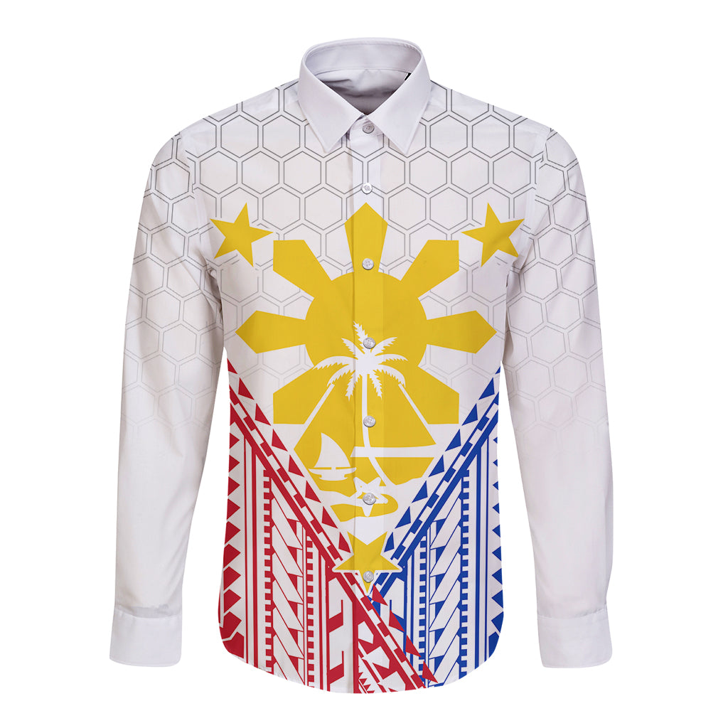 White long-sleeve button shirt with Filipino flag style graphic and star palm design