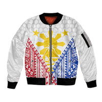 White bomber jacket with zip, ribbed collar, hex pattern and Philippines/Guam flag print