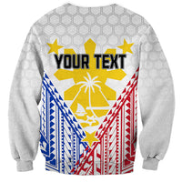 White crewneck sweatshirt with back graphic and 'YOUR TEXT' over sun and flag stripes
