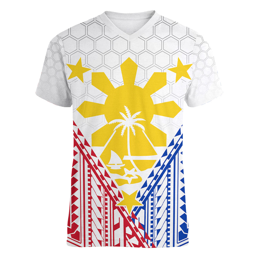 Personalised Philippines Mix Guam Women V Neck T Shirt Filipino Flag Style - Wonder Print Shop