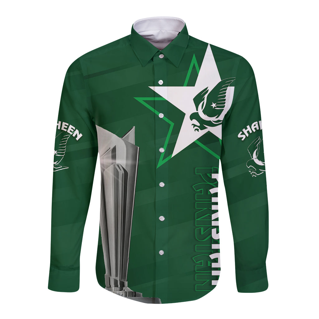 Green long-sleeve button cricket shirt with eagle and star graphic, front view