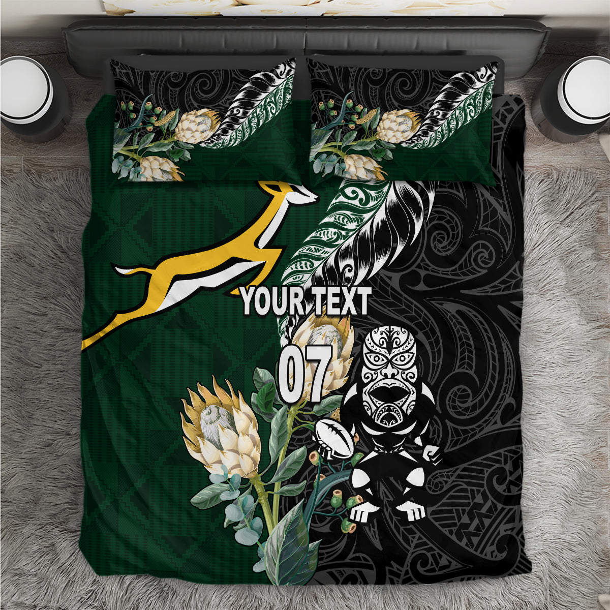 Green and black rugby bedding set with gold deer logo, floral, and 'YOURTEXT 07' print