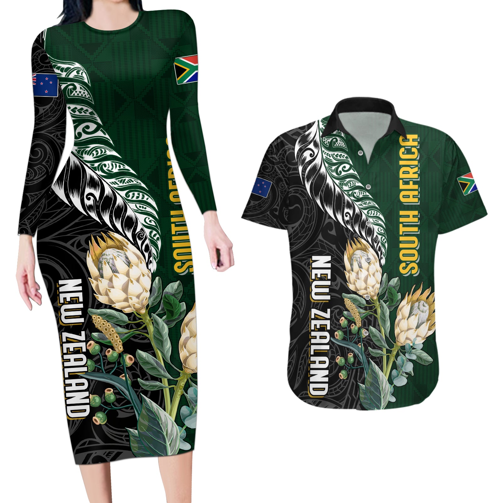 Custom South Africa Mix New Zealand Rugby 2023 Couples Matching Long Sleeve Bodycon Dress and Hawaiian Shirt World Cup Greatest Rivalry LT7 - Wonder Print Shop