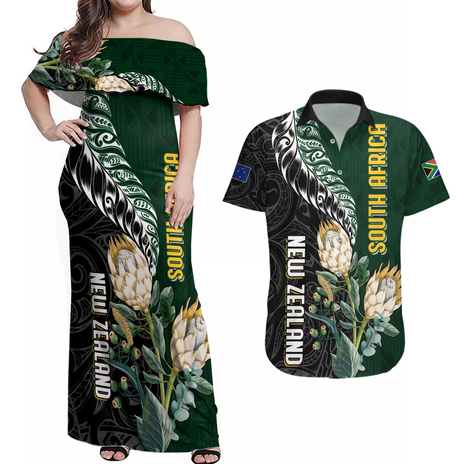 Custom South Africa Mix New Zealand Rugby 2023 Couples Matching Off Shoulder Maxi Dress and Hawaiian Shirt World Cup Greatest Rivalry LT7 - Wonder Print Shop