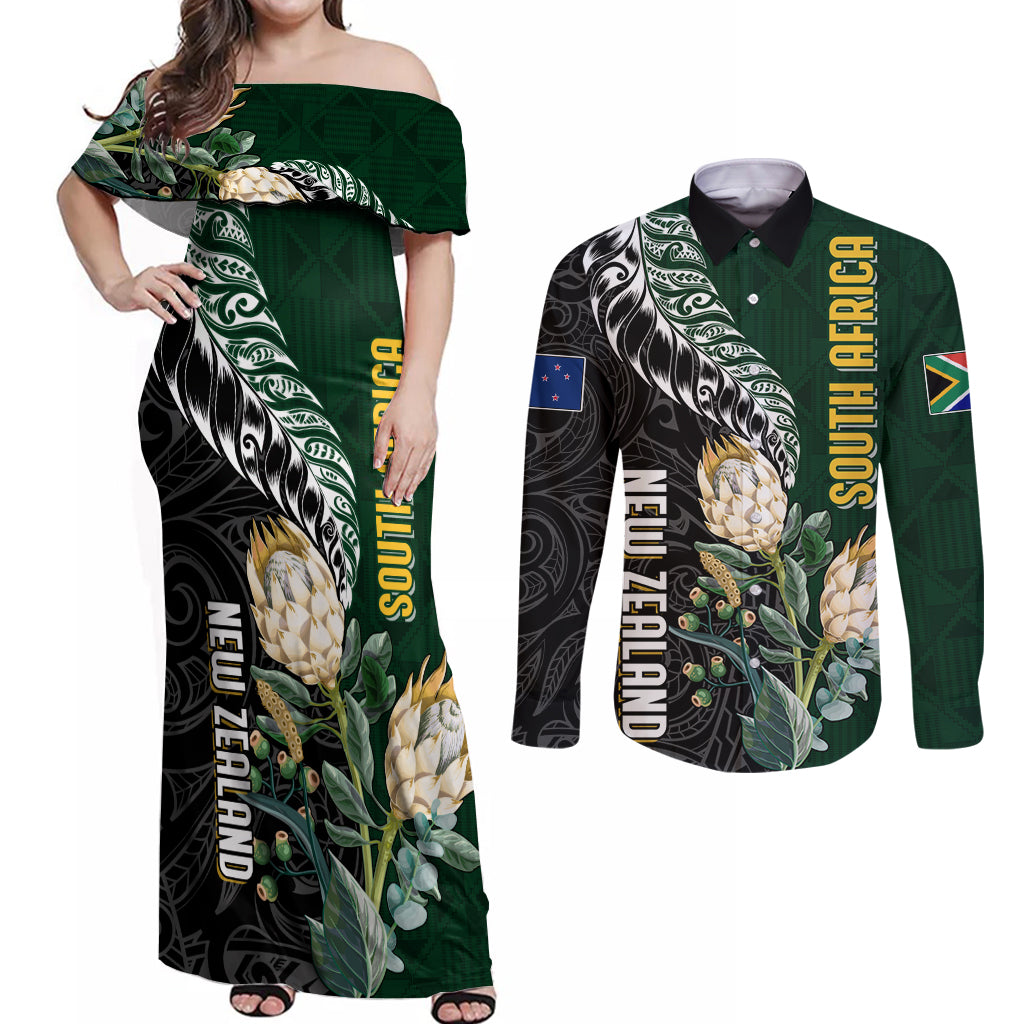 Custom South Africa Mix New Zealand Rugby 2023 Couples Matching Off Shoulder Maxi Dress and Long Sleeve Button Shirt World Cup Greatest Rivalry LT7 - Wonder Print Shop