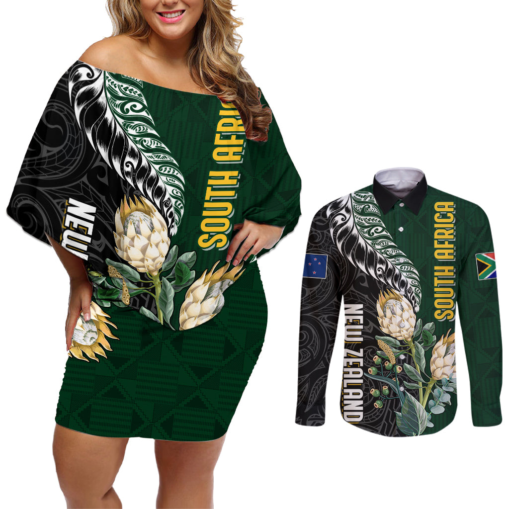 Custom South Africa Mix New Zealand Rugby 2023 Couples Matching Off Shoulder Short Dress and Long Sleeve Button Shirt World Cup Greatest Rivalry LT7 - Wonder Print Shop