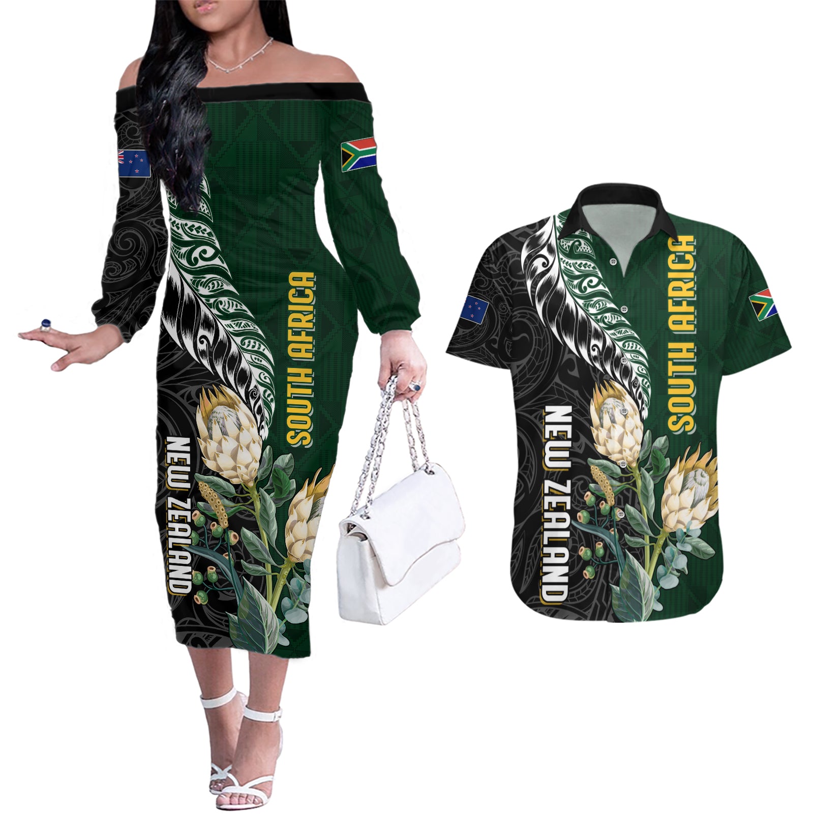 Custom South Africa Mix New Zealand Rugby 2023 Couples Matching Off The Shoulder Long Sleeve Dress and Hawaiian Shirt World Cup Greatest Rivalry LT7 - Wonder Print Shop