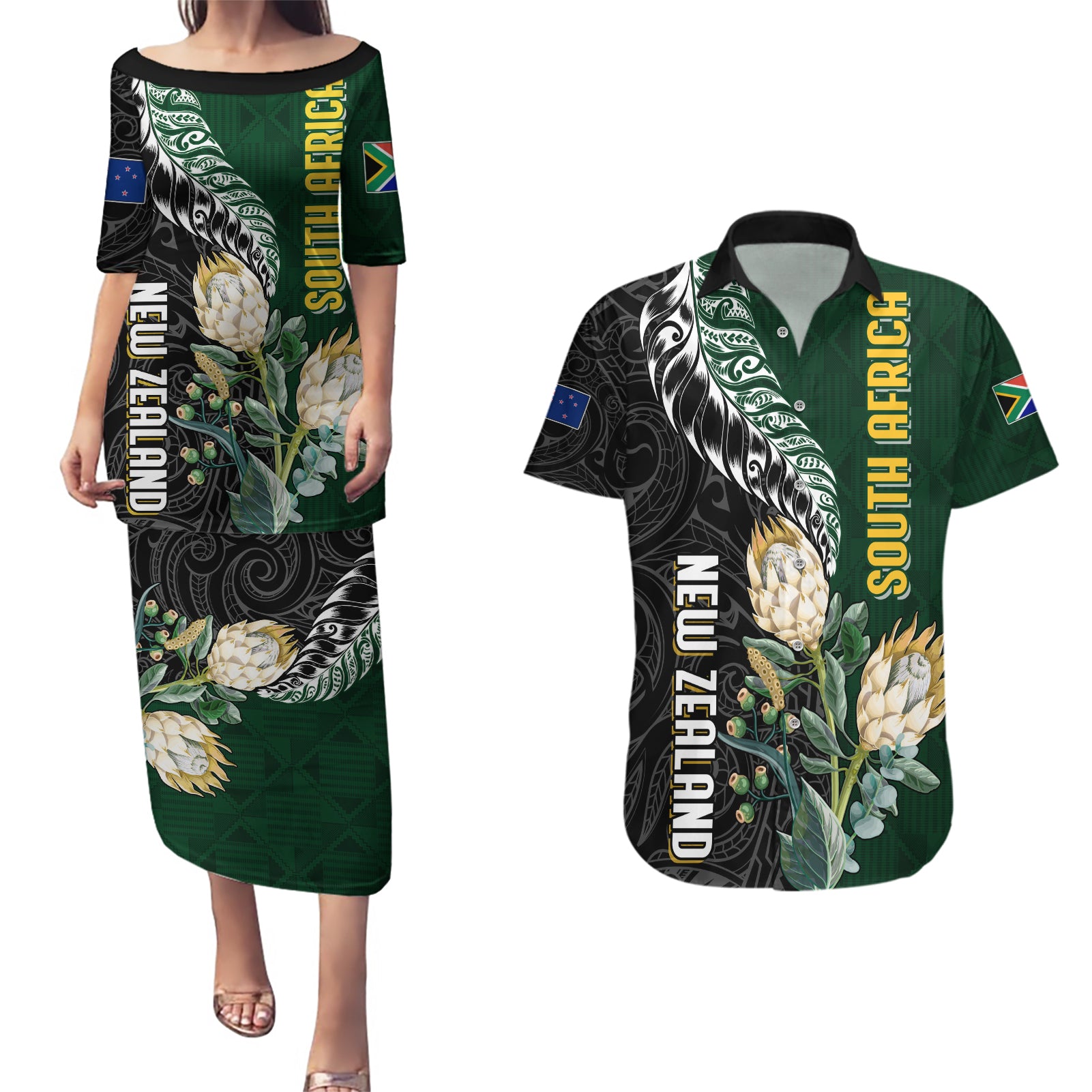 Custom South Africa Mix New Zealand Rugby 2023 Couples Matching Puletasi Dress and Hawaiian Shirt World Cup Greatest Rivalry LT7 - Wonder Print Shop