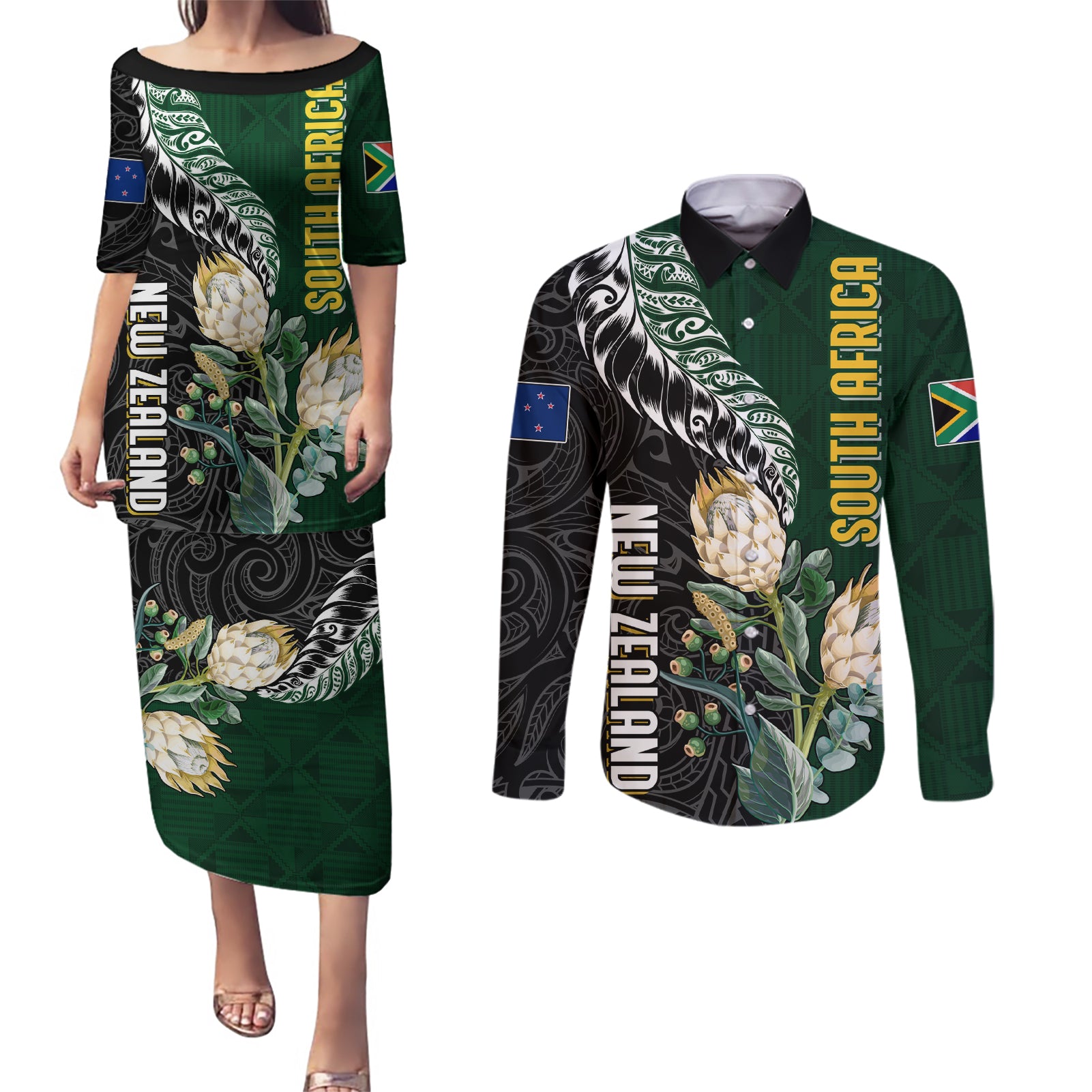 Custom South Africa Mix New Zealand Rugby 2023 Couples Matching Puletasi Dress and Long Sleeve Button Shirt World Cup Greatest Rivalry LT7 - Wonder Print Shop