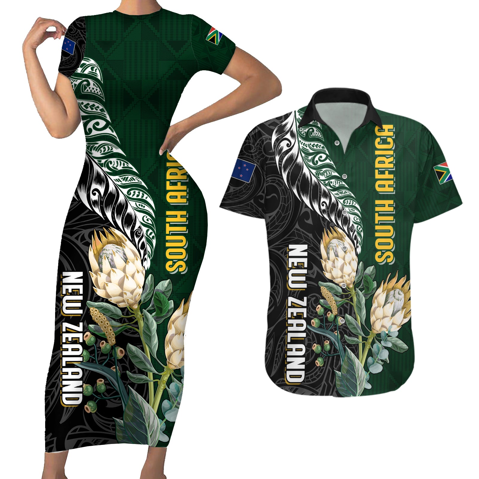 Custom South Africa Mix New Zealand Rugby 2023 Couples Matching Short Sleeve Bodycon Dress and Hawaiian Shirt World Cup Greatest Rivalry LT7 - Wonder Print Shop