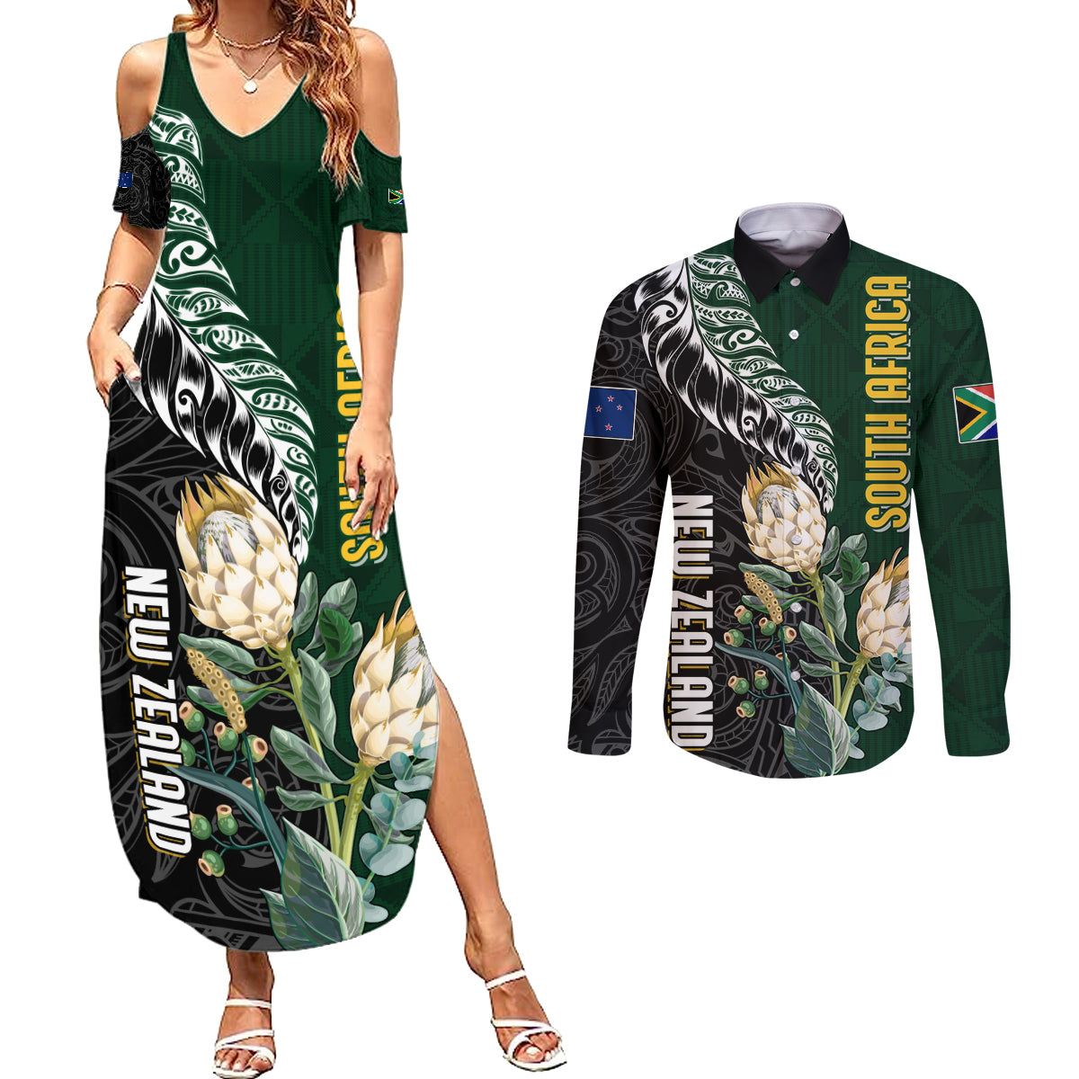 Custom South Africa Mix New Zealand Rugby 2023 Couples Matching Summer Maxi Dress and Long Sleeve Button Shirt World Cup Greatest Rivalry LT7 - Wonder Print Shop