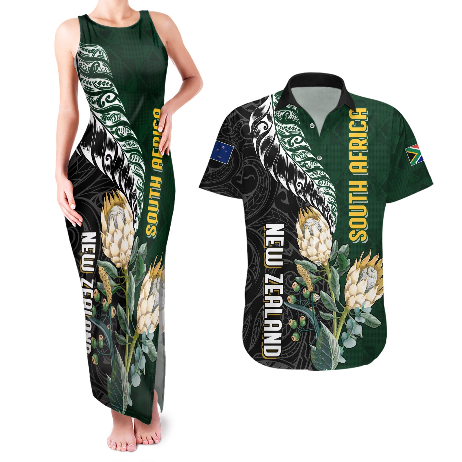 Custom South Africa Mix New Zealand Rugby 2023 Couples Matching Tank Maxi Dress and Hawaiian Shirt World Cup Greatest Rivalry LT7 - Wonder Print Shop