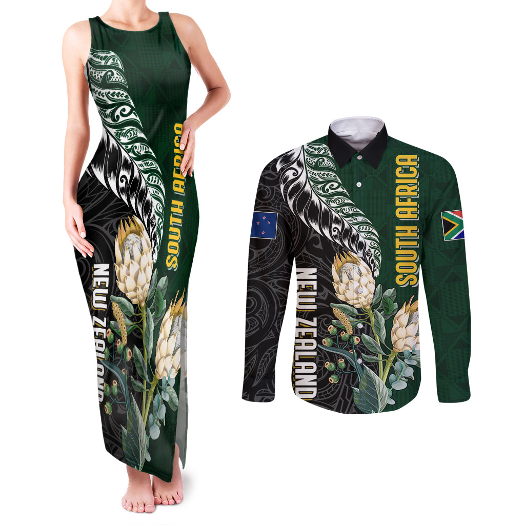 Custom South Africa Mix New Zealand Rugby 2023 Couples Matching Tank Maxi Dress and Long Sleeve Button Shirt World Cup Greatest Rivalry LT7 - Wonder Print Shop