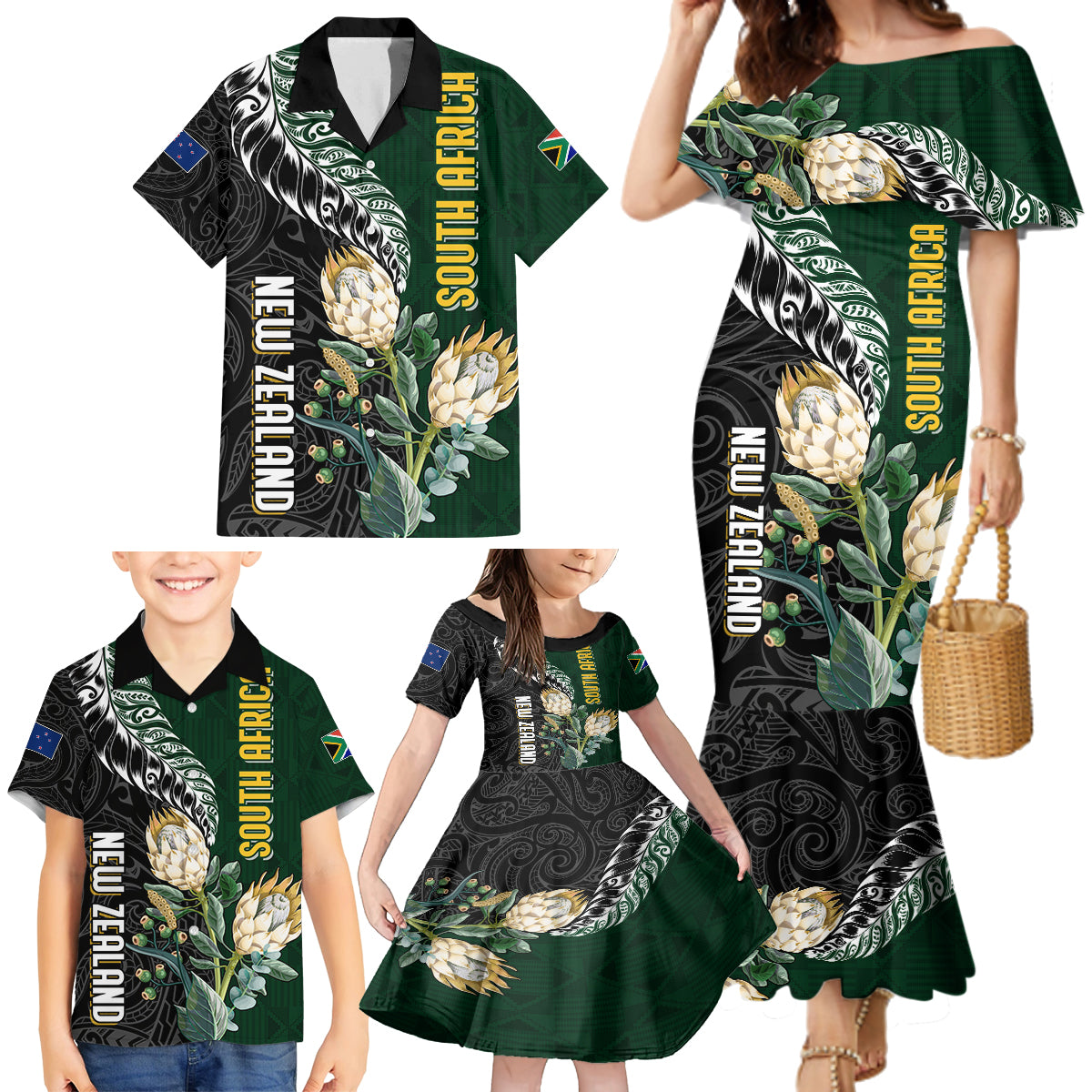 Custom South Africa Mix New Zealand Rugby 2023 Family Matching Mermaid Dress and Hawaiian Shirt World Cup Greatest Rivalry LT7 - Wonder Print Shop