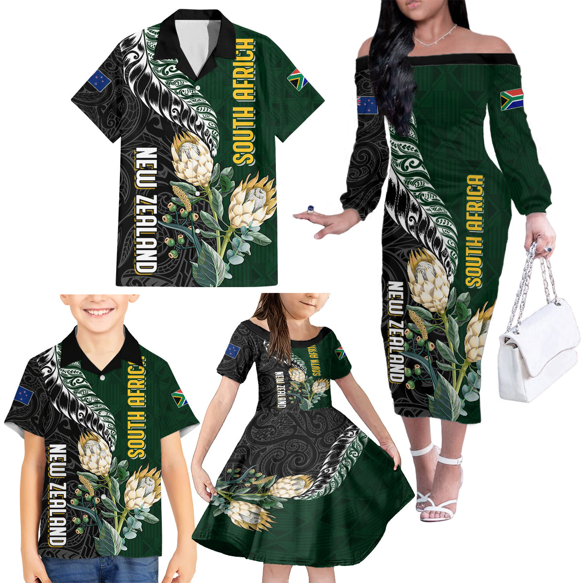 Custom South Africa Mix New Zealand Rugby 2023 Family Matching Off Shoulder Long Sleeve Dress and Hawaiian Shirt World Cup Greatest Rivalry - Wonder Print Shop